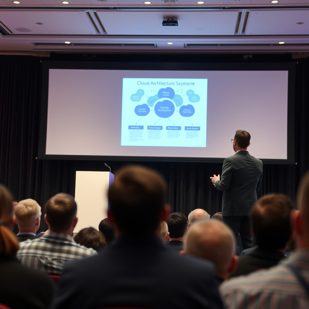 Ilir Ivezaj speaking at technology conference about cloud architecture