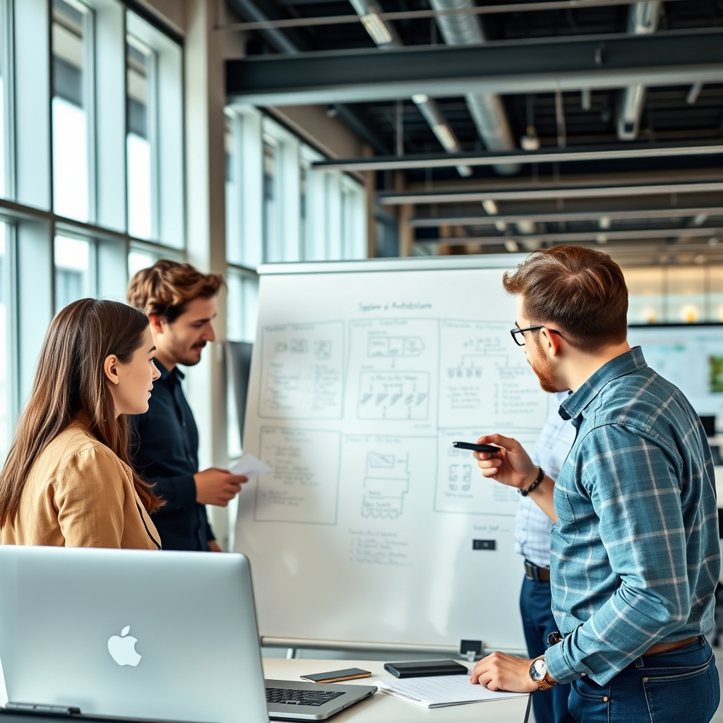 Ilir Ivezaj collaborating with engineering team around whiteboard with architecture diagrams