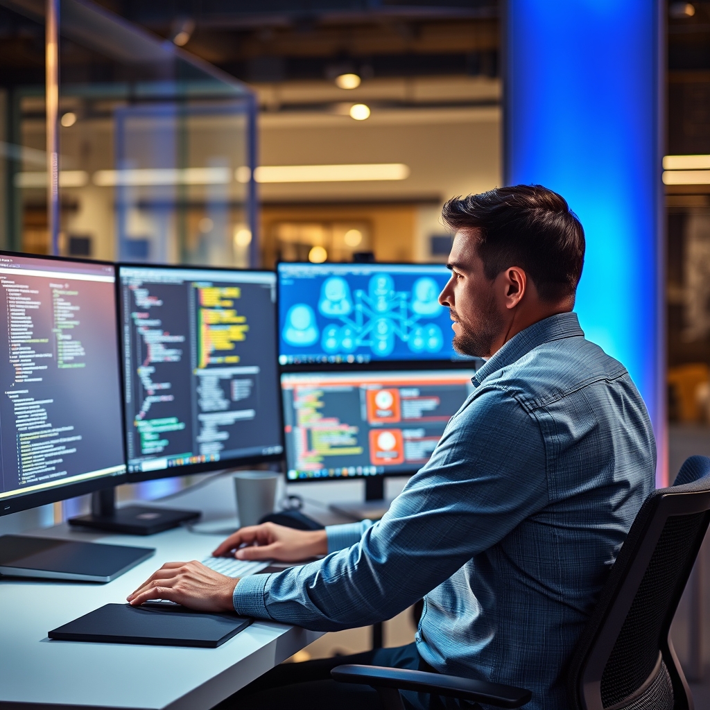 Ilir Ivezaj working at desk with multiple monitors showing code and architecture diagrams